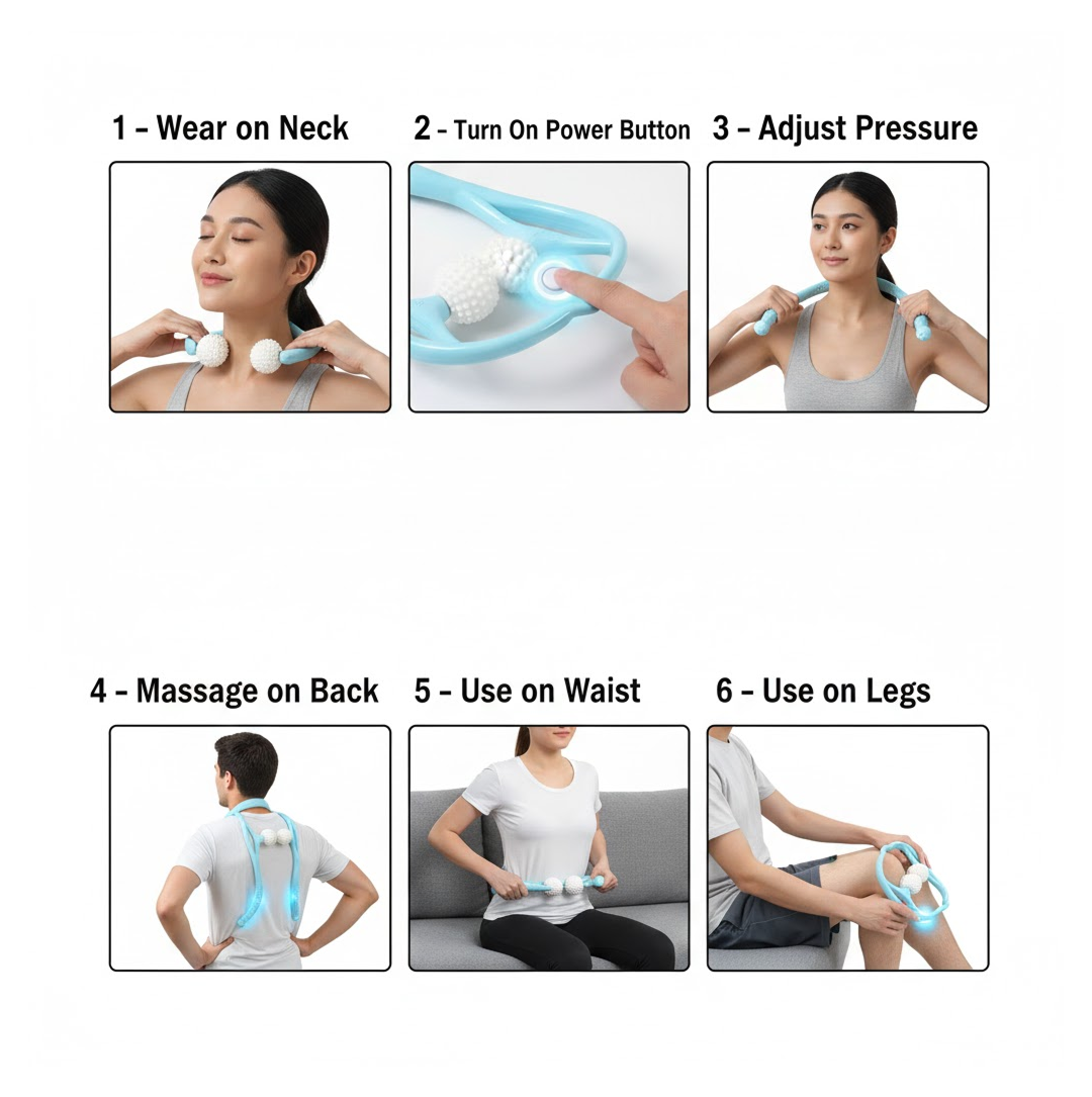 Six panels illustrating how to use the blue neck massager on the neck, back, waist, and legs.