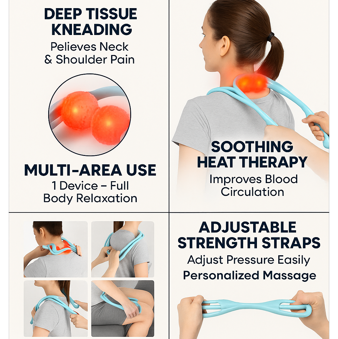 A collage showing the blue neck massager with text highlighting deep tissue kneading, heat therapy, and adjustable strength