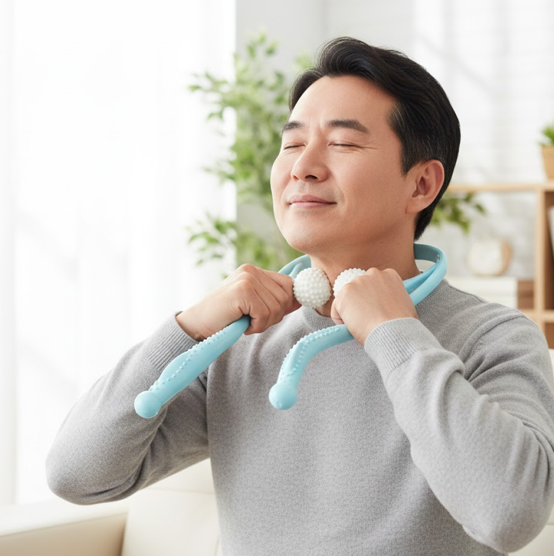 A man with closed eyes is using a blue U-shaped massager on his neck, holding the handles.