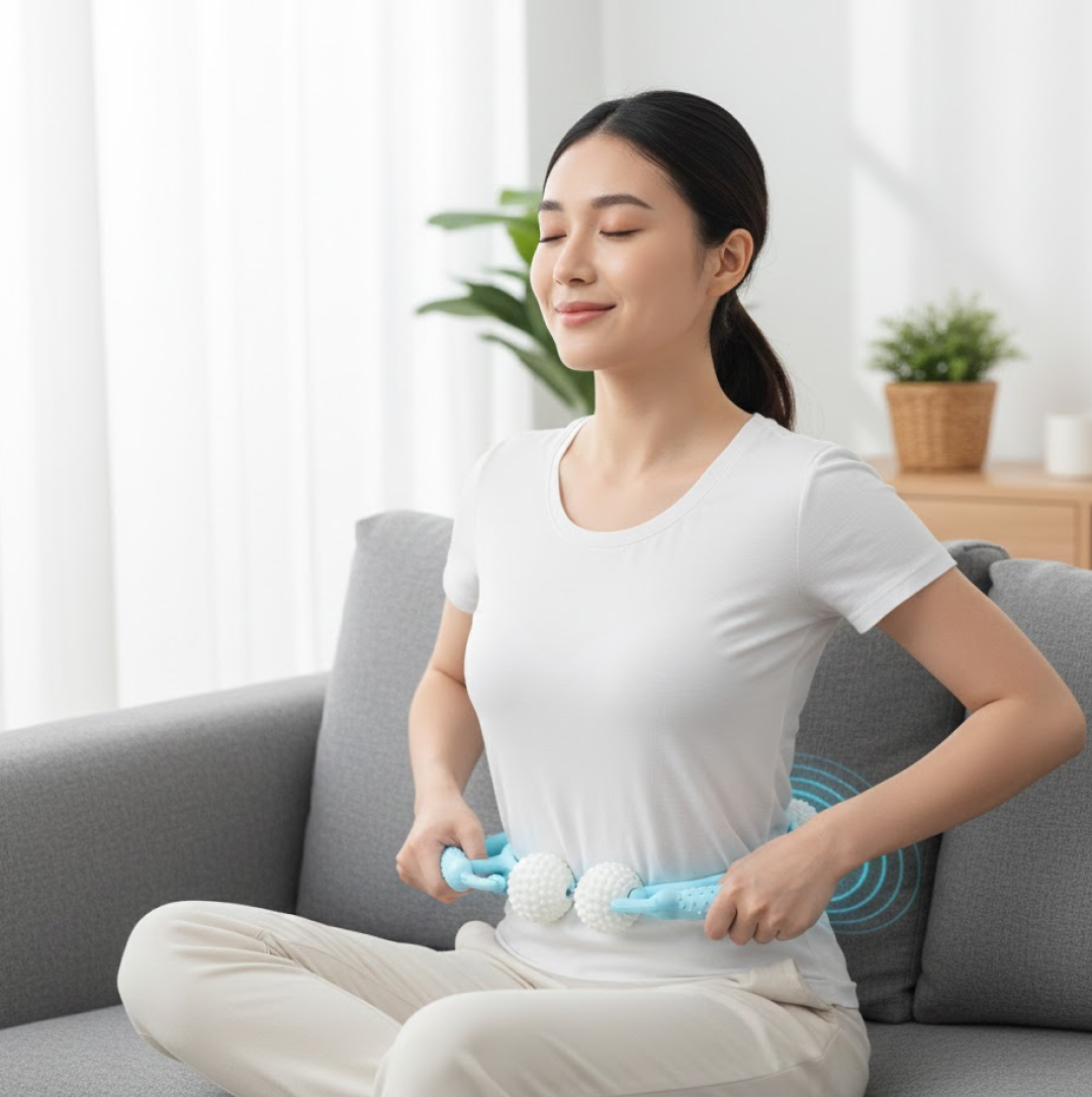 A woman sits on a grey couch, using the blue U-shaped massager on her lower back, with blue ripple effects indicating