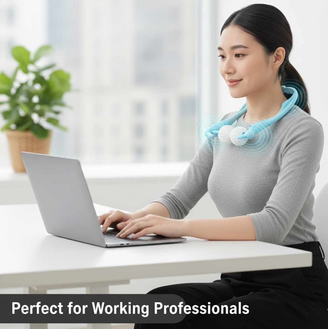 A woman working on a laptop at a white desk, wearing the blue U-shaped massager on her neck with blue ripple effects.