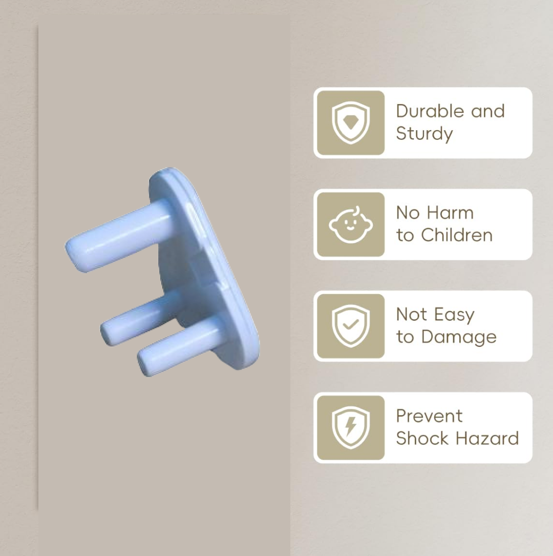 A light blue child-proof plug next to four descriptive labels: Durable, No Harm, Not Easy to Damage, Prevent Shock Hazard.