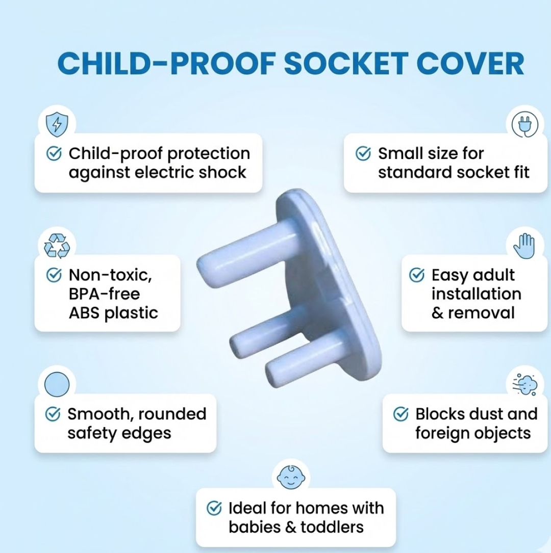 A light blue child-proof plug surrounded by six text bubbles describing its features and benefits.