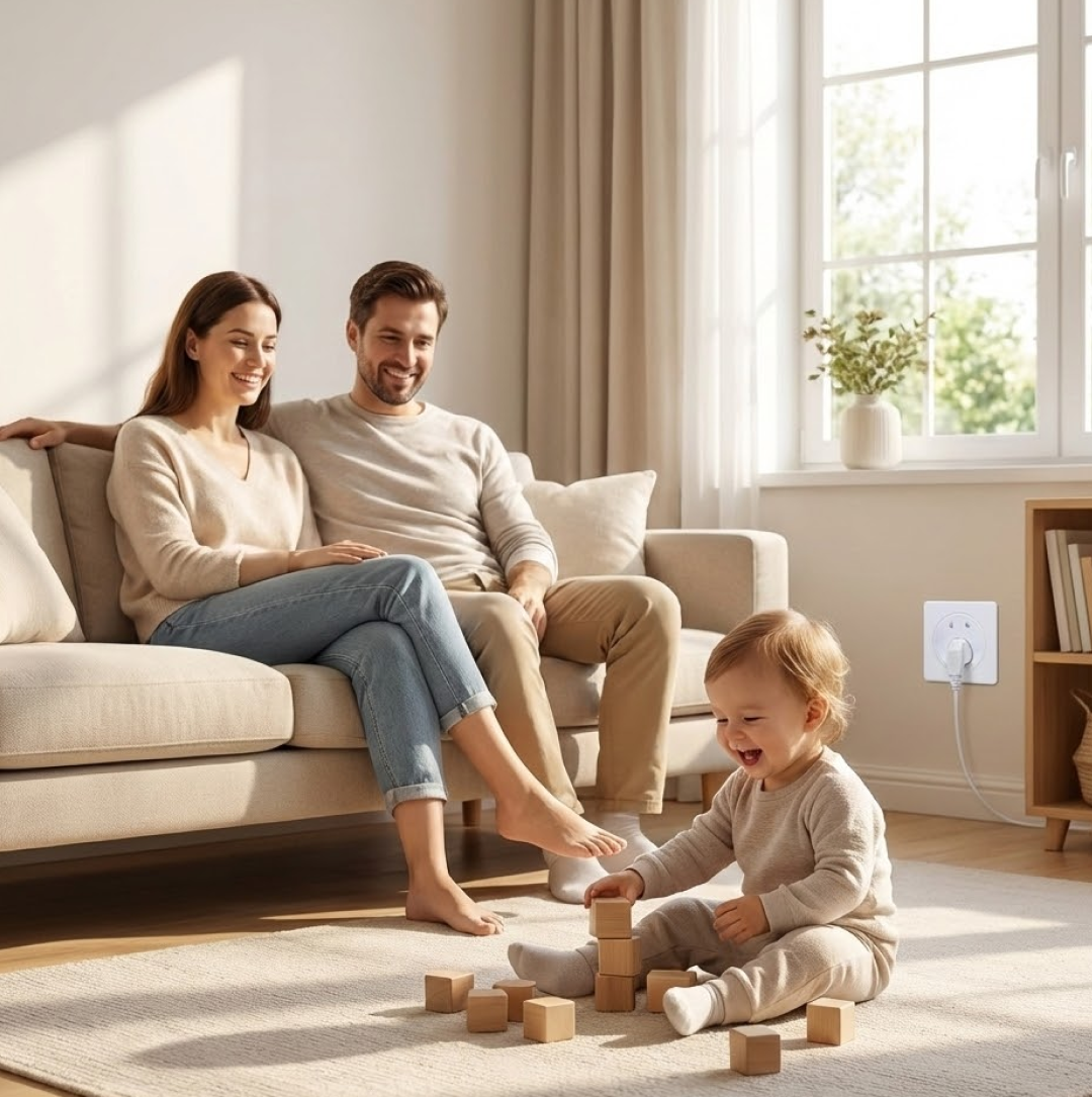 A family, including a baby playing with blocks, in a living room with a child-proof plug visible in a wall socket.