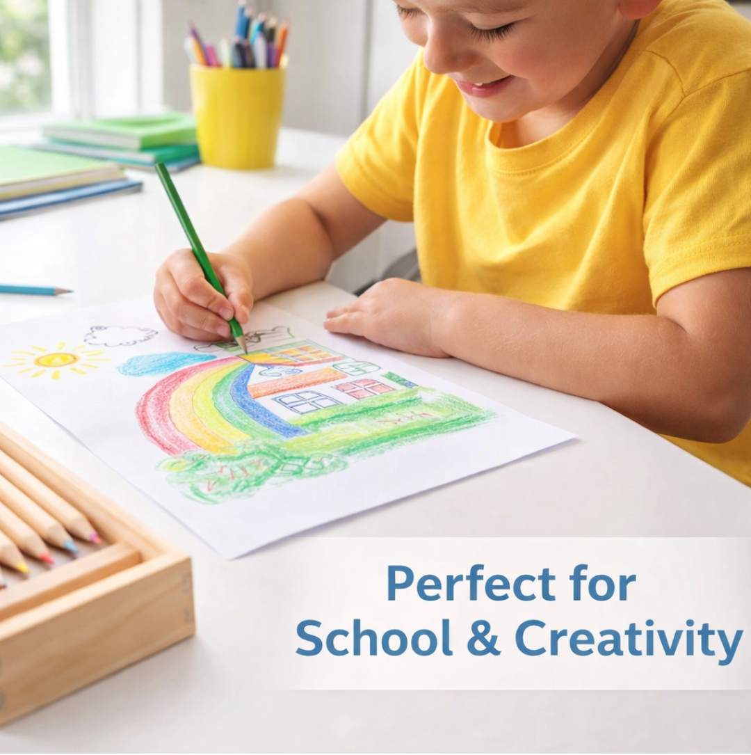 A child in a yellow shirt draws a colorful house and rainbow on white paper with a green pencil.
