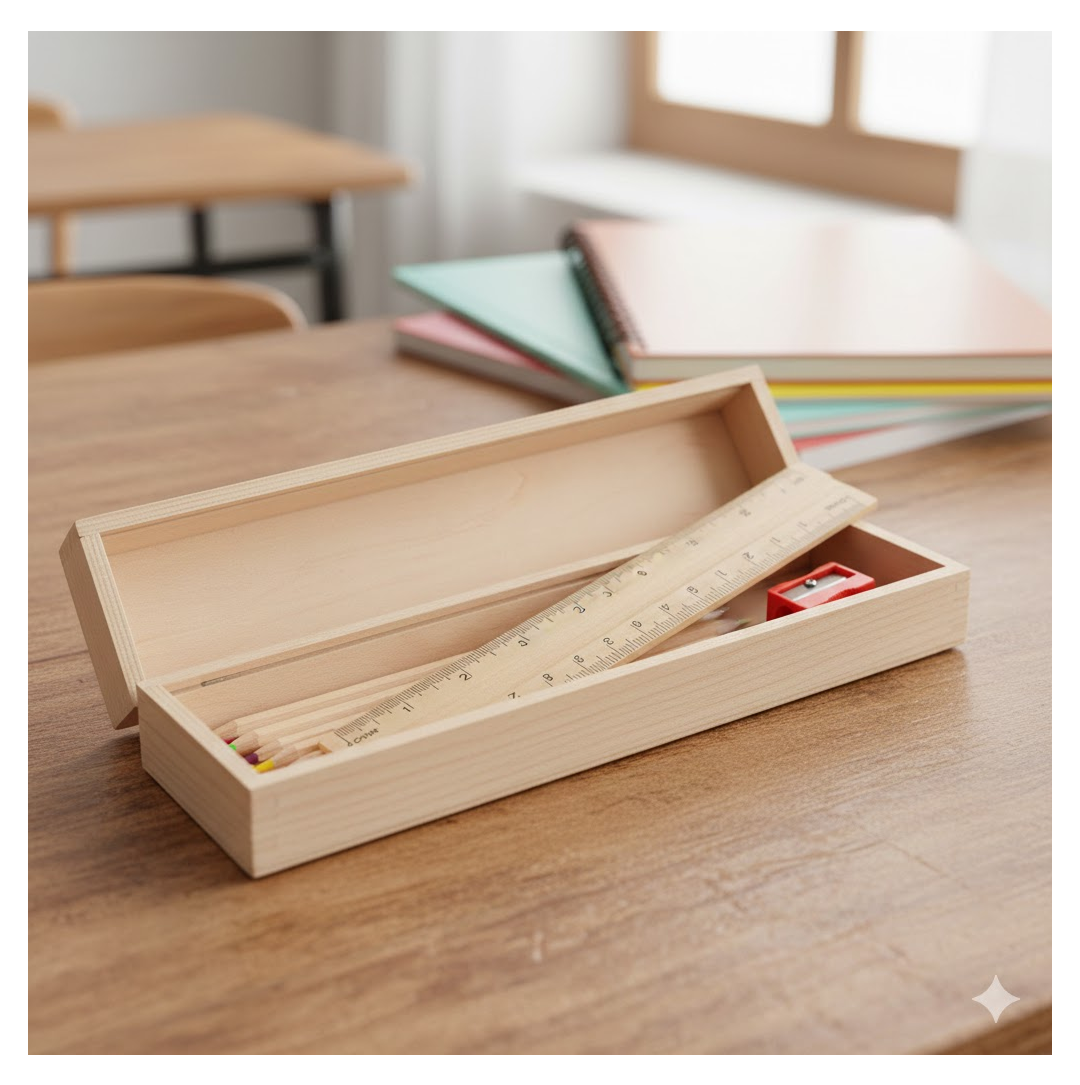 An open wooden pencil box on a desk contains a ruler, 12 colored pencils, and a red sharpener.