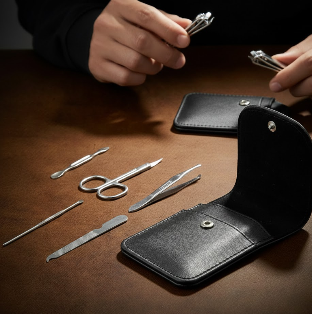 A person's hands hold nail clippers above a wooden table with various manicure tools and an open black case.