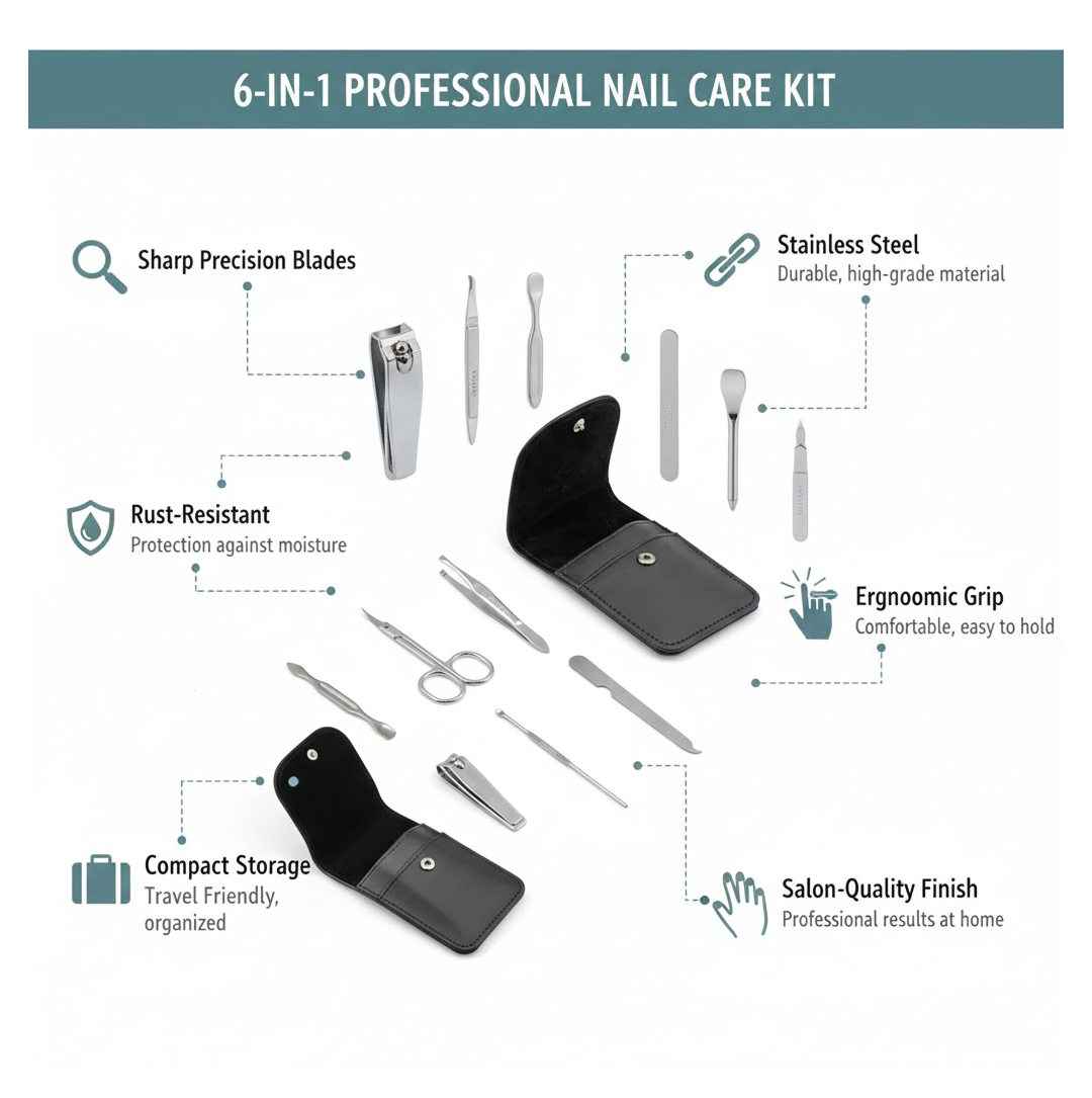 A diagram showcasing the features of a 6-in-1 professional nail care kit with tools and cases.