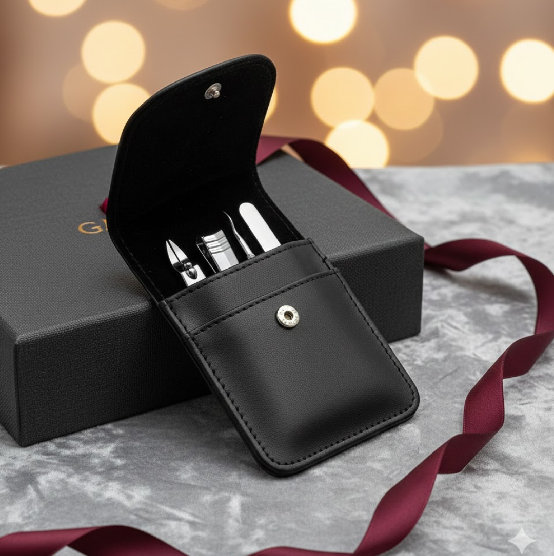 An open black leather case with silver manicure tools sits on a grey surface next to a dark gift box and red ribbon.