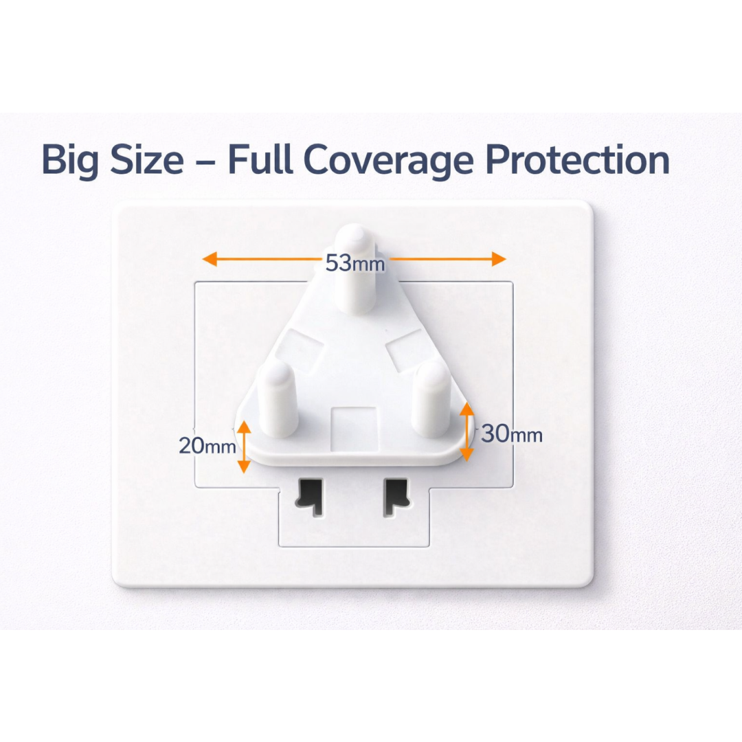 A white 3-pin socket cover is placed on a white wall outlet, with orange arrows indicating its dimensions of 53mm, 20mm, and