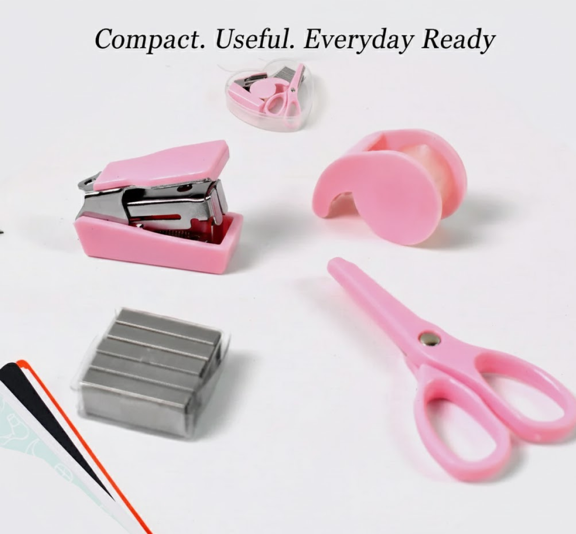 A pink mini stapler, tape dispenser, scissors, and a box of staples on a white surface with text "Compact. Useful. Everyday