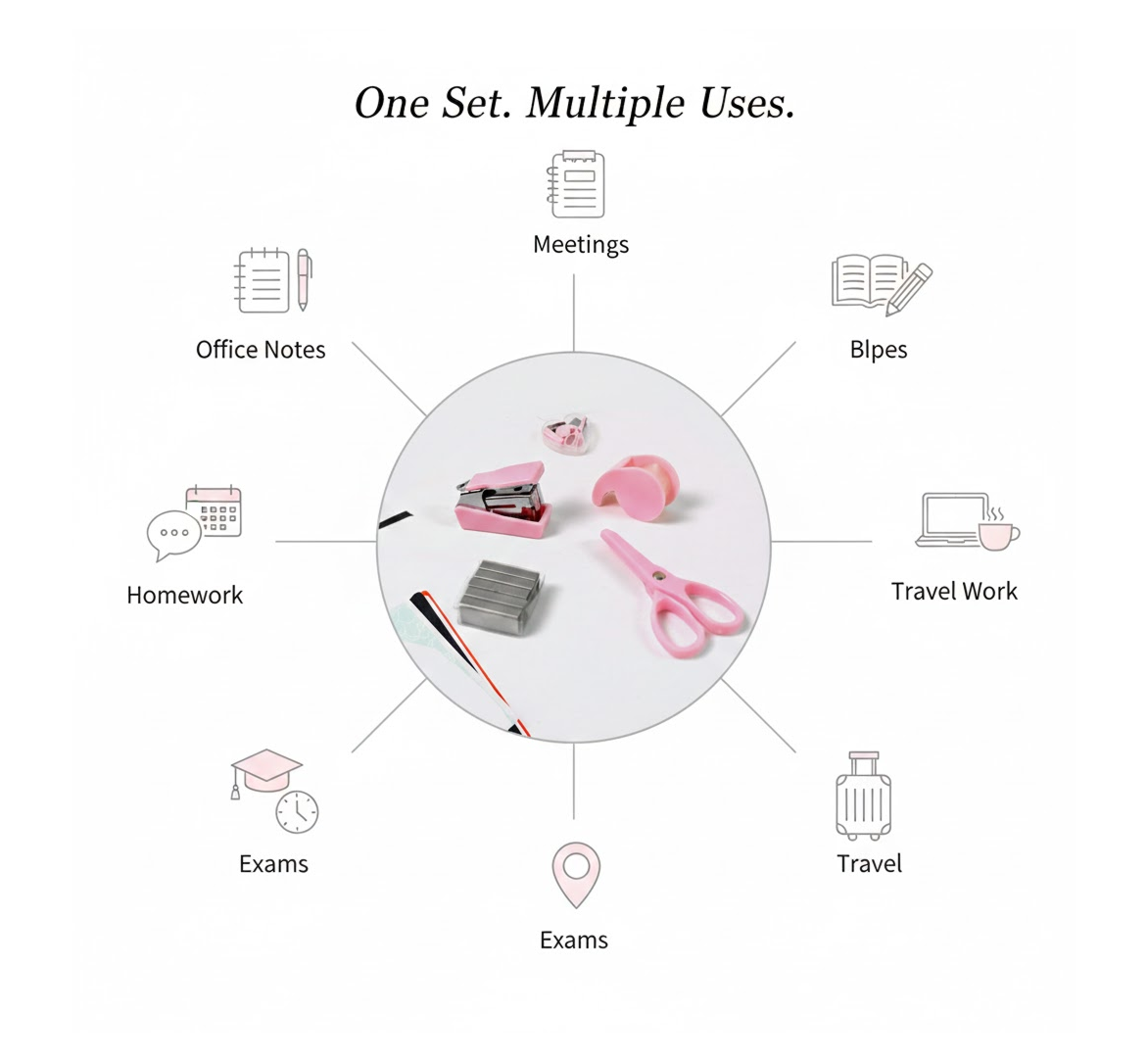 A circular diagram showcasing the pink mini stationery set in the center, surrounded by icons and text indicating its
