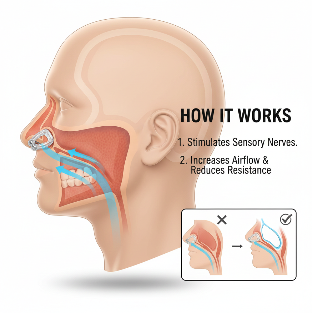 An illustration showing a cross-section of a head with a nose clip, demonstrating improved airflow and reduced resistance.