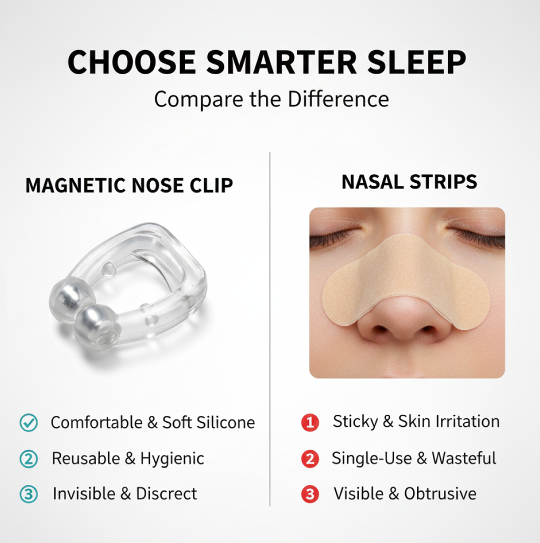 A comparison image showing a clear silicone magnetic nose clip next to a nasal strip, highlighting their differences.