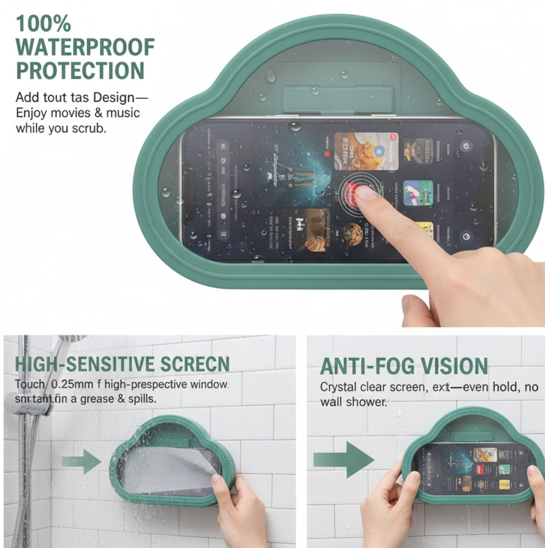 A hand interacts with a phone in a teal cloud-shaped waterproof holder on a wet tiled wall.