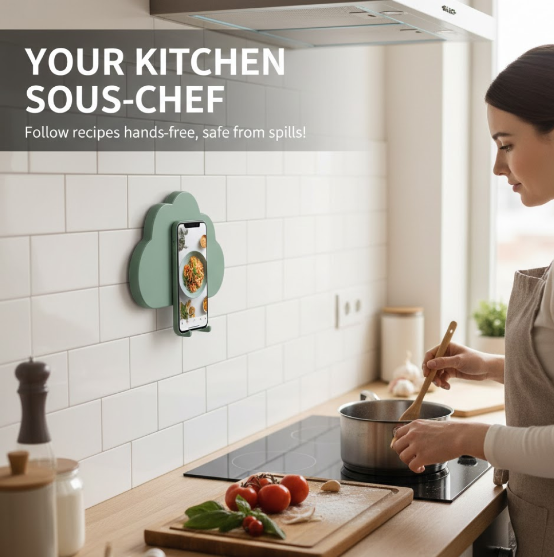 A woman cooks in a kitchen with a teal cloud-shaped phone holder mounted on a white tiled wall.