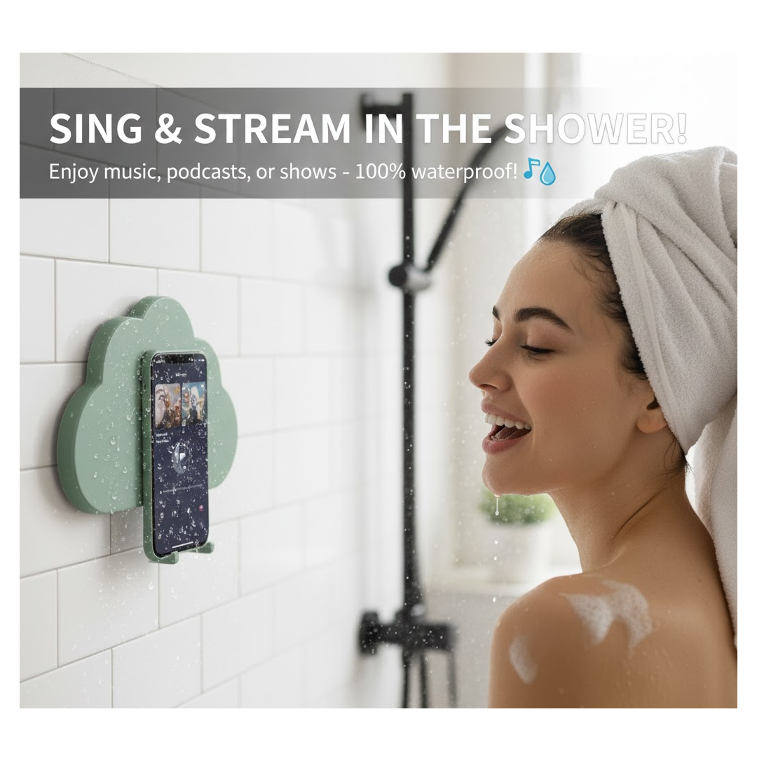 A woman sings in the shower next to a teal cloud-shaped phone holder on a white tiled wall.
