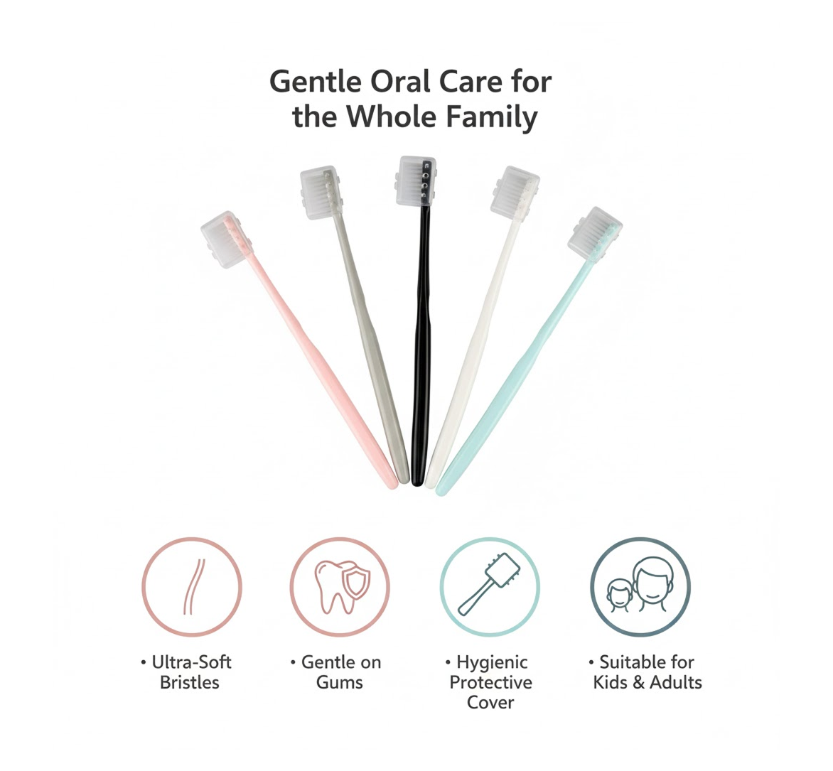 Set of manual toothbrushes with ultra soft bristles for family use