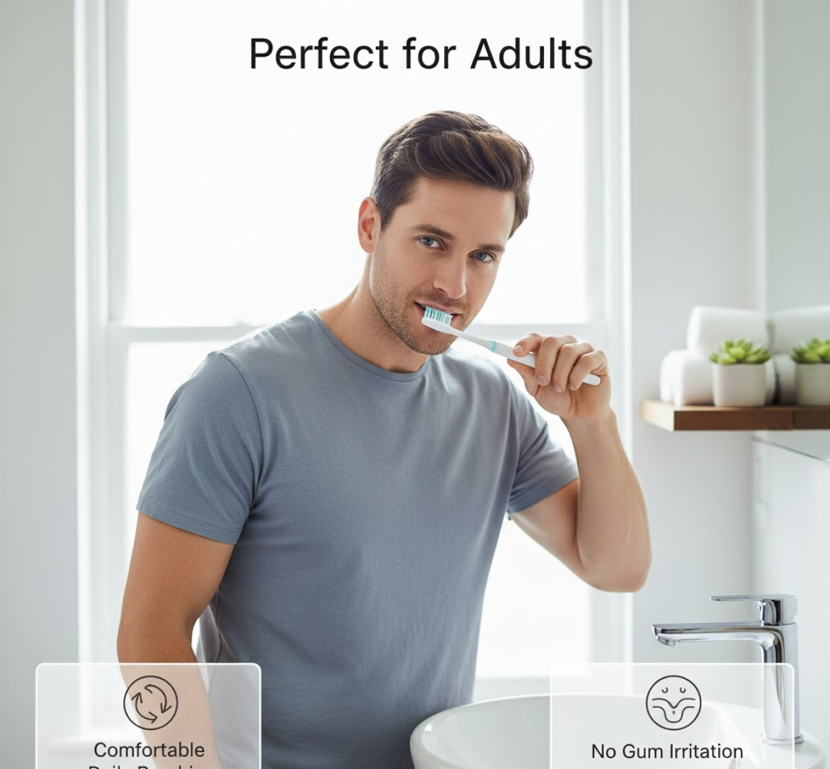Ergonomic toothbrush handle with ultra soft bristles for sensitive gums