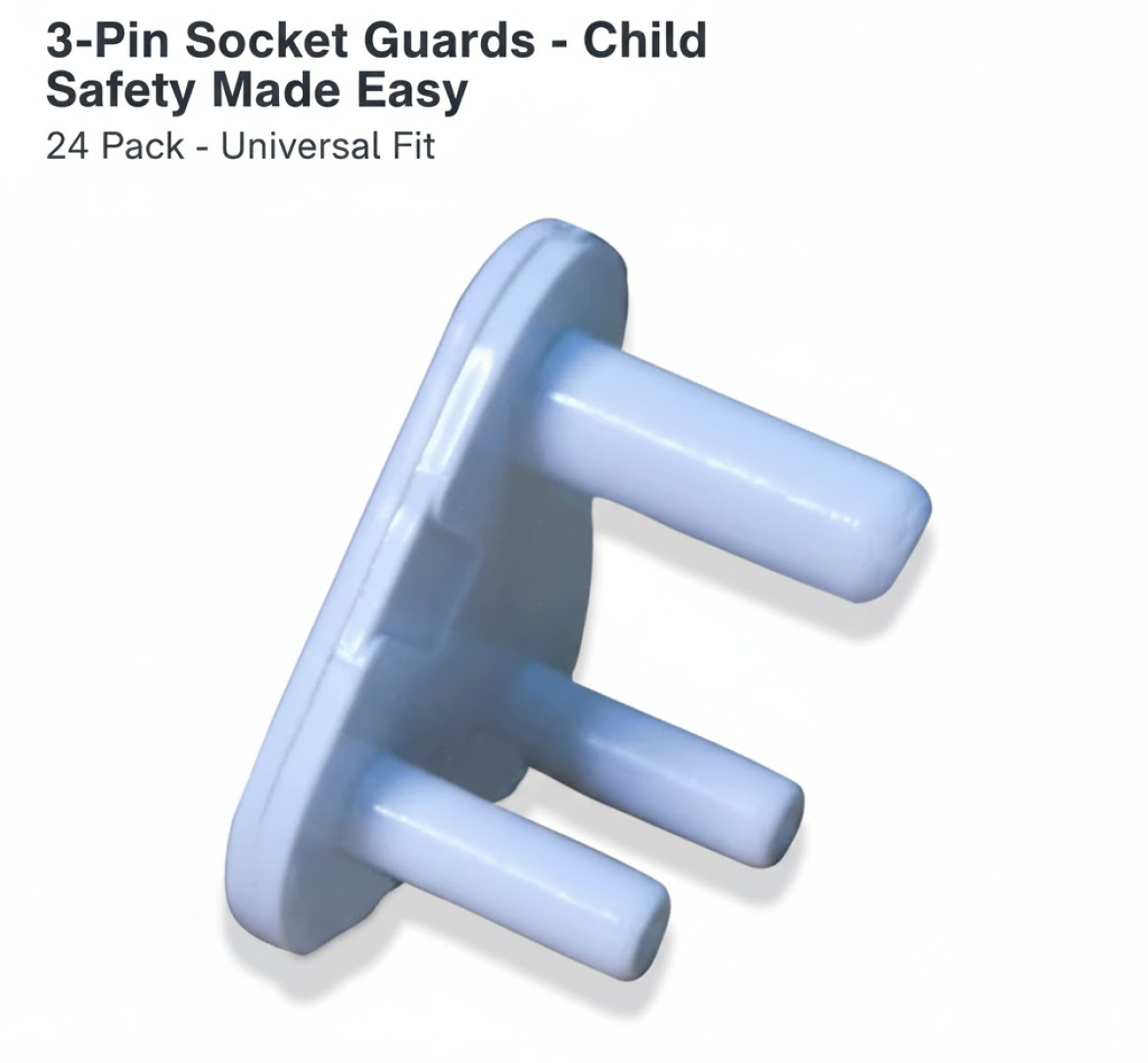 A white 3-pin socket cover is displayed with text '3-Pin Socket Guards - Child Safety Made Easy' and '24 Pack - Universal