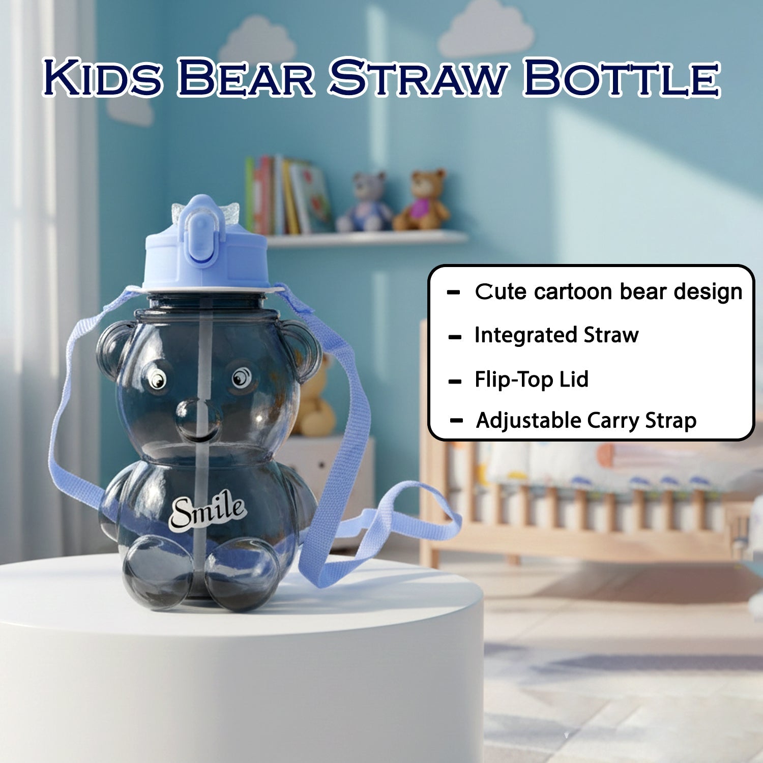 Front view of cartoon bear shaped kids water bottle with straw and strap