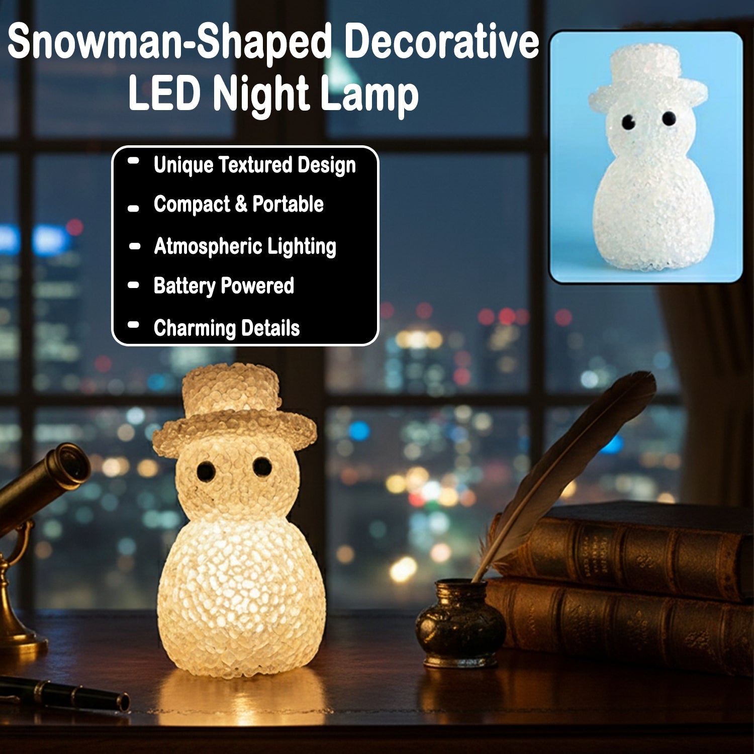 Compact snowman LED night lamp designed for tabletop placement