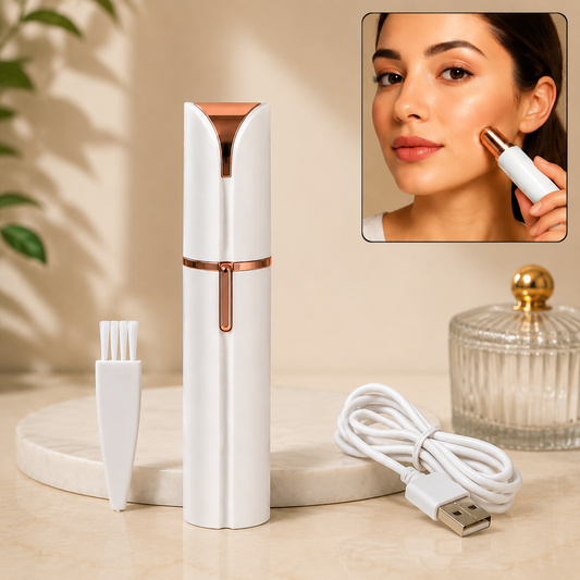 White and rose gold facial hair remover with a cleaning brush, charging cable, and a woman using it on her cheek.
