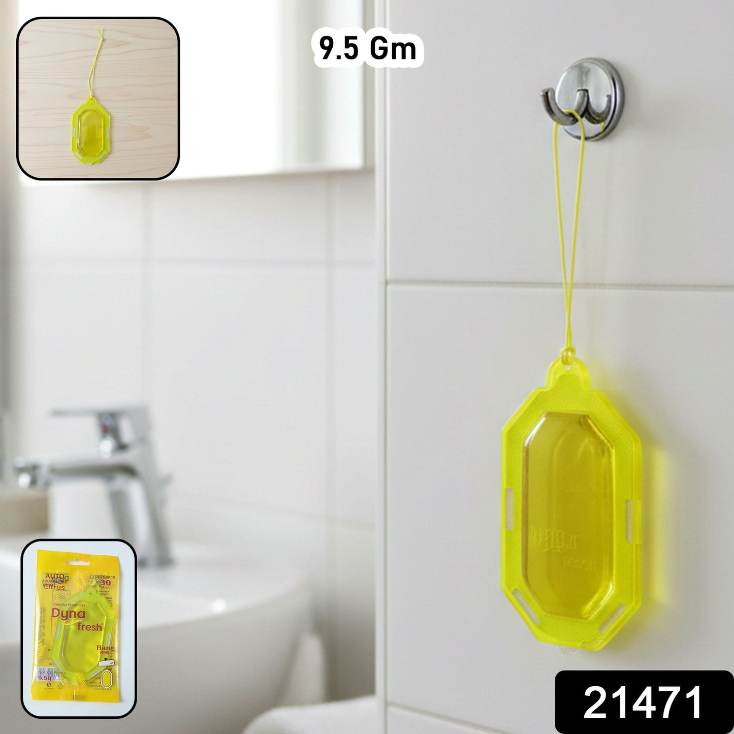 Hanging citrus gel air freshener in a bathroom setting