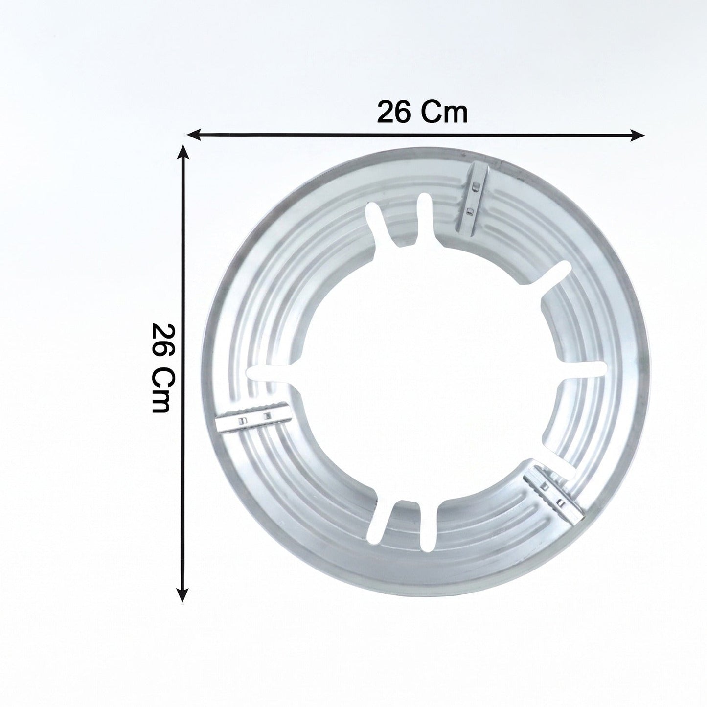 A top-down view of the circular silver gas stove trivet with dimensions indicating 26 cm by 26 cm.