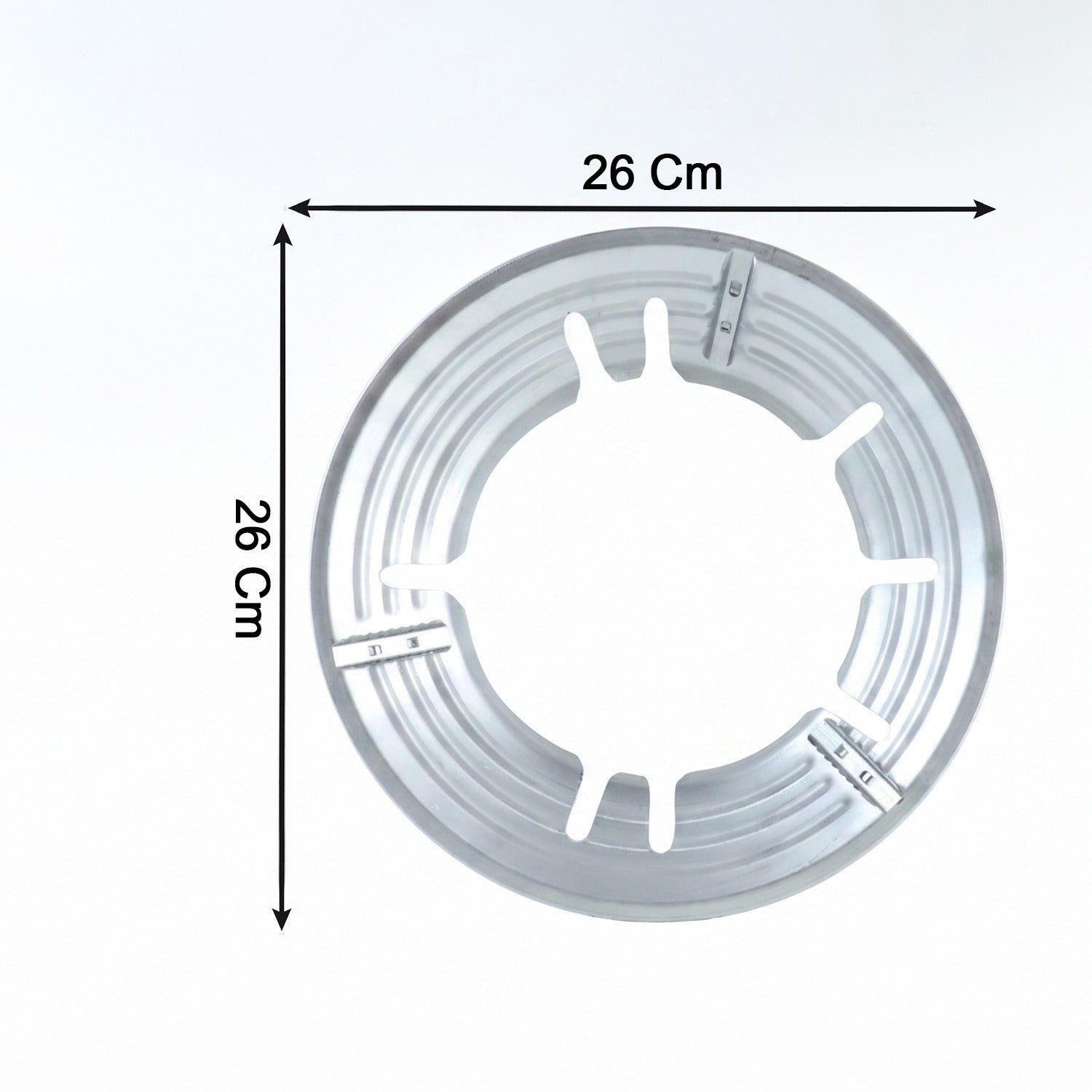 A top-down view of the circular silver gas stove trivet with dimensions indicating 26 cm by 26 cm.