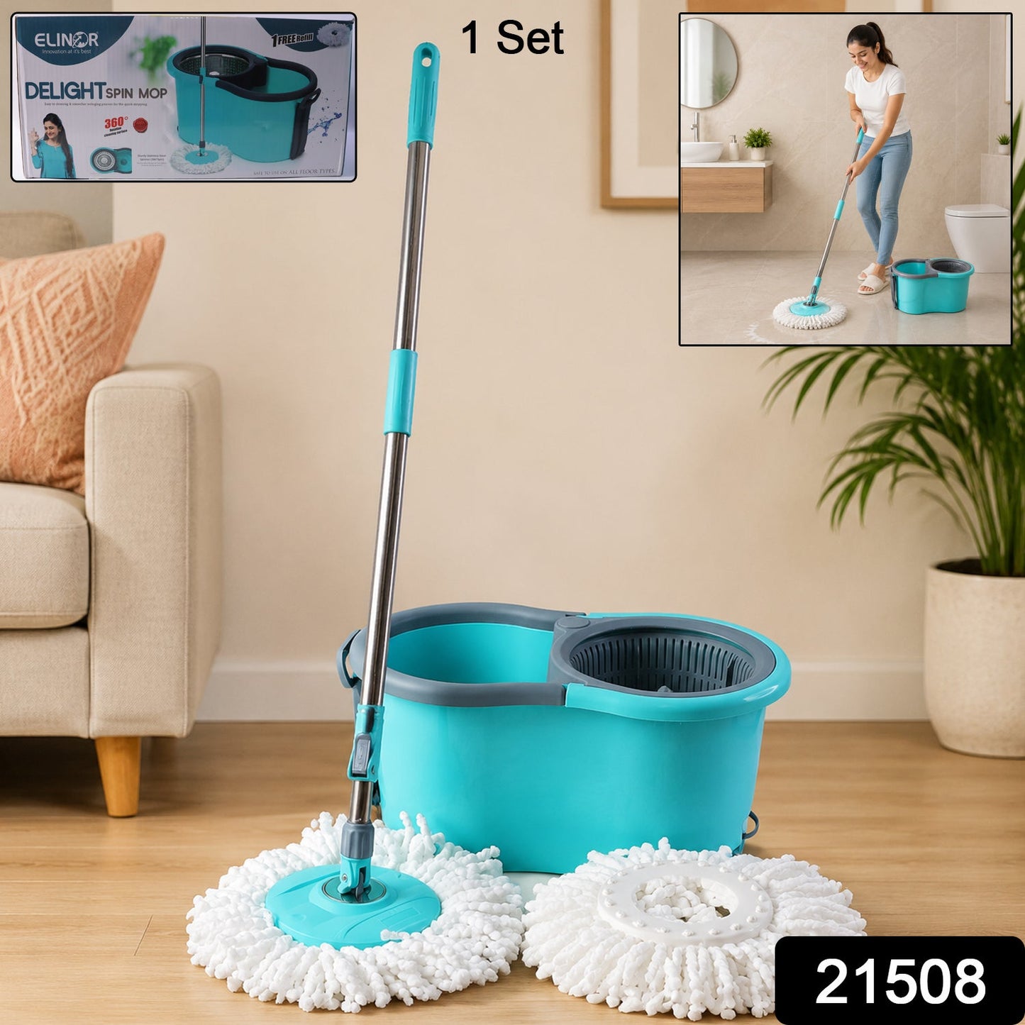Complete plastic 360° spin mop set with bucket, microfiber refills and stainless steel rod