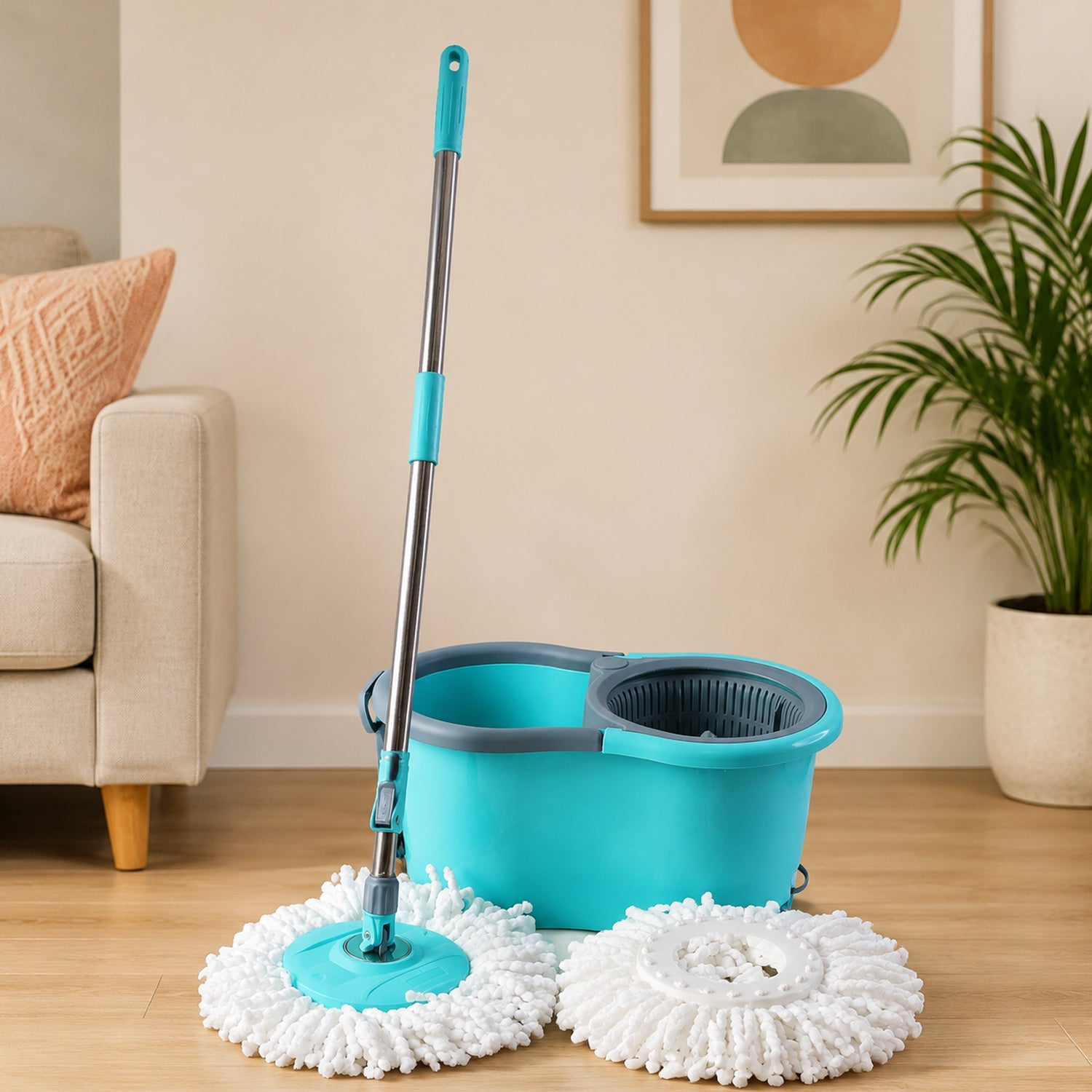 Front view of plastic spin mop set with bucket and microfiber head
