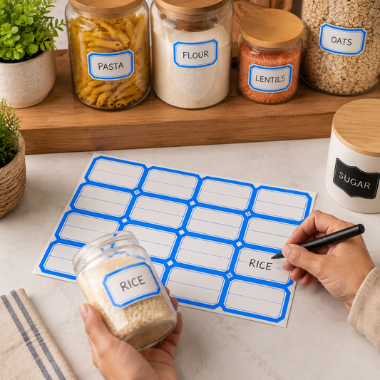 A hand writes 'RICE' on a blue-bordered label sticker on a jar, with other labeled jars in the background.