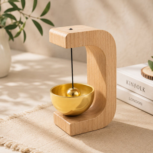 A light wood C-shaped door chime with a golden bowl and striker hangs on a light brown surface next to a plant.