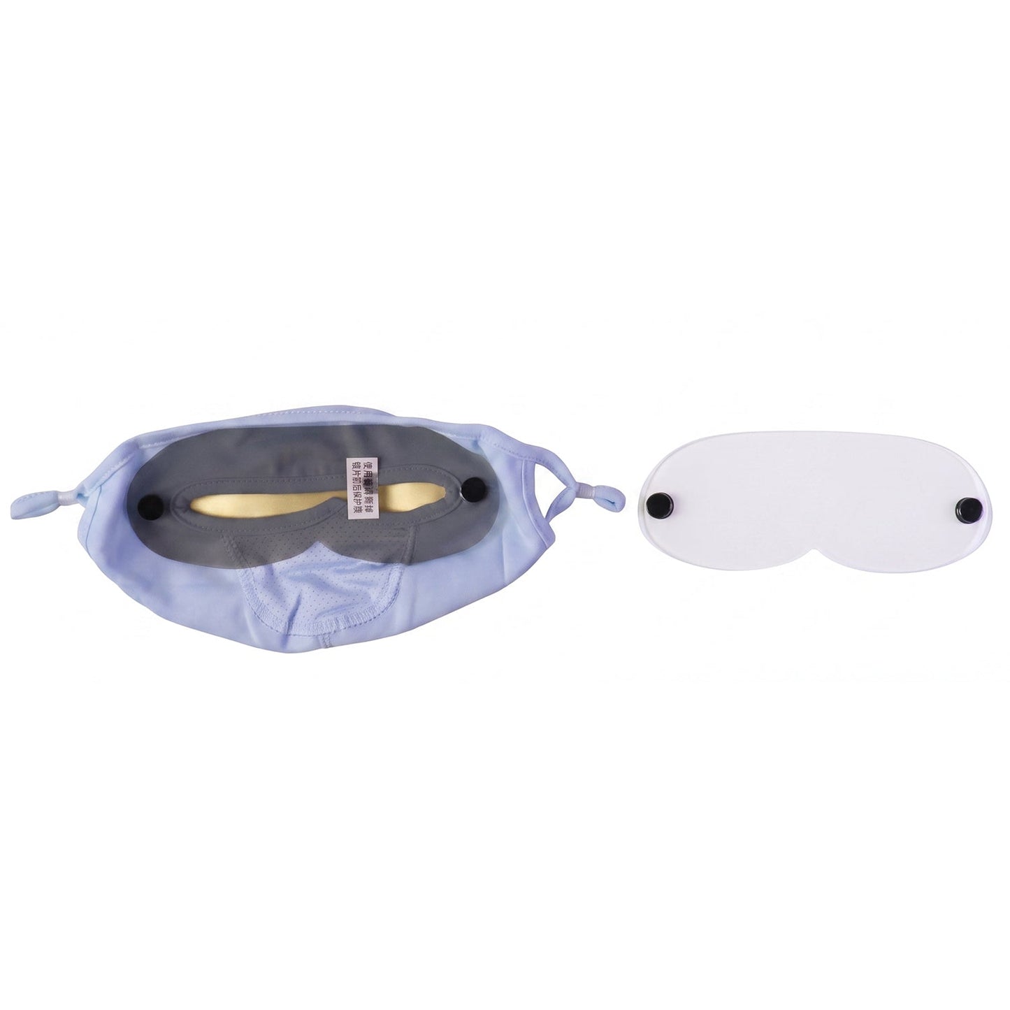 Cloth face mask and eye shield on white background