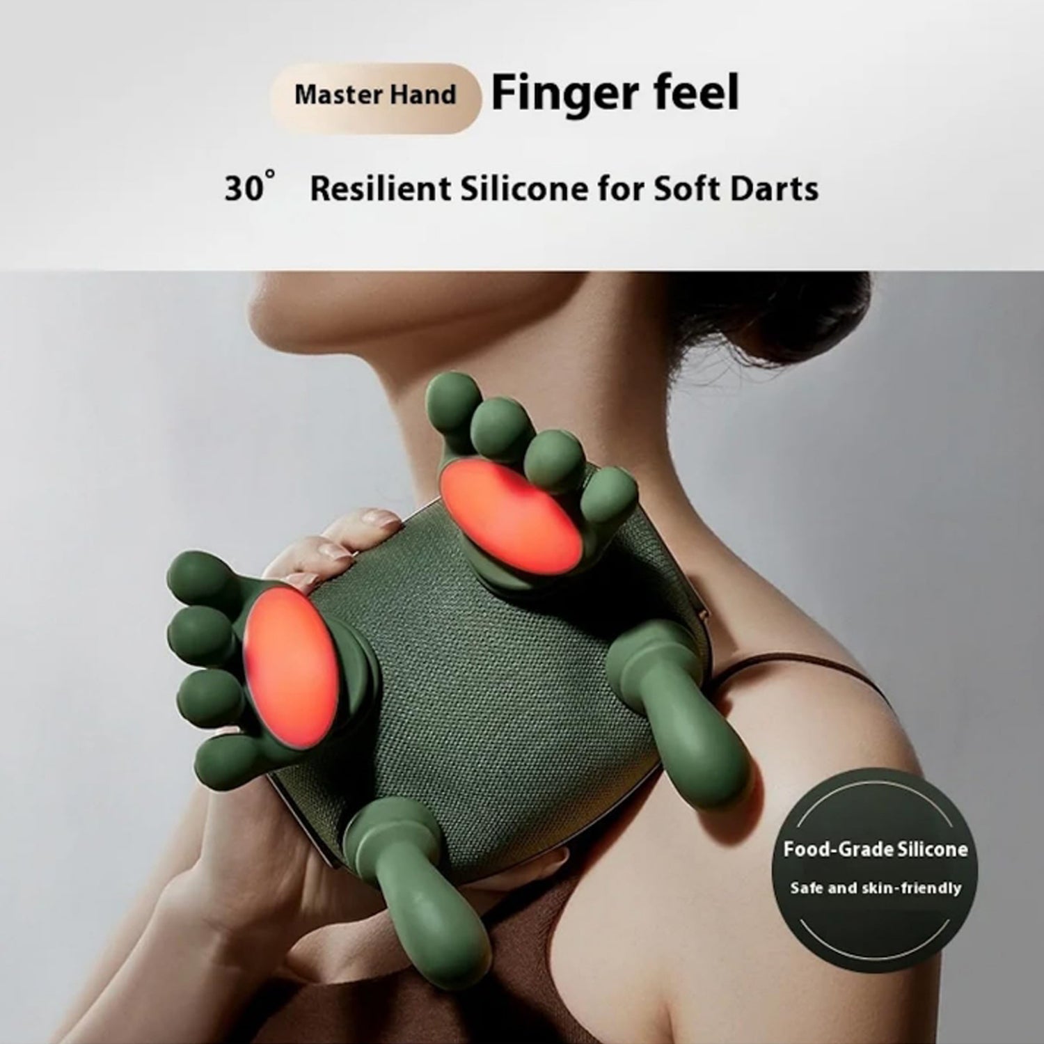 A woman's back and shoulder with a green bionic massager showing red lights on its 'fingers'. Text overlays describe the