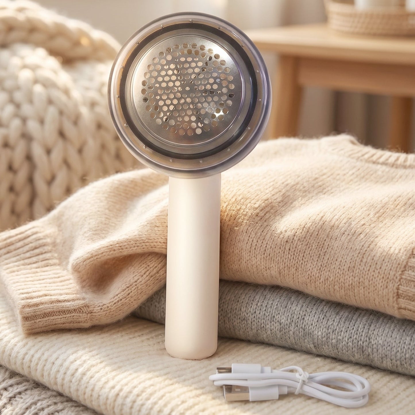 Rechargeable fabric shaver in use on clothes and upholstery