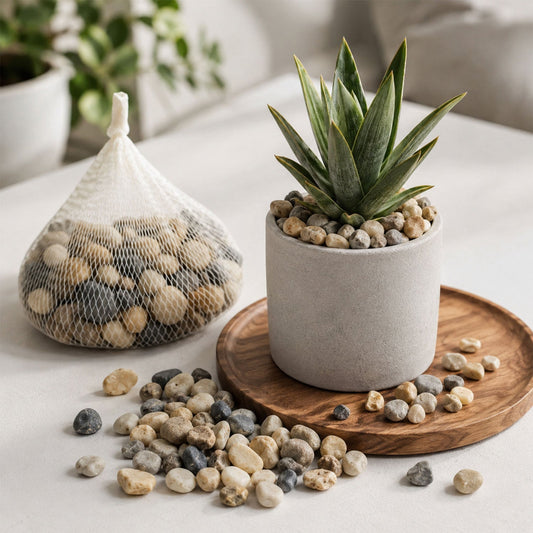Set of smooth decorative natural pebbles in earthy tones, ideal for home and garden decor.