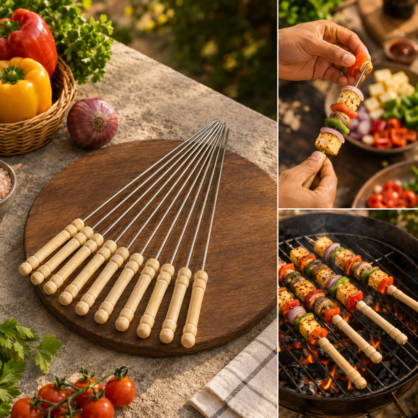 BBQ Skewers – Stainless Steel with Wooden Handles, Set of 12 | Indo Glow