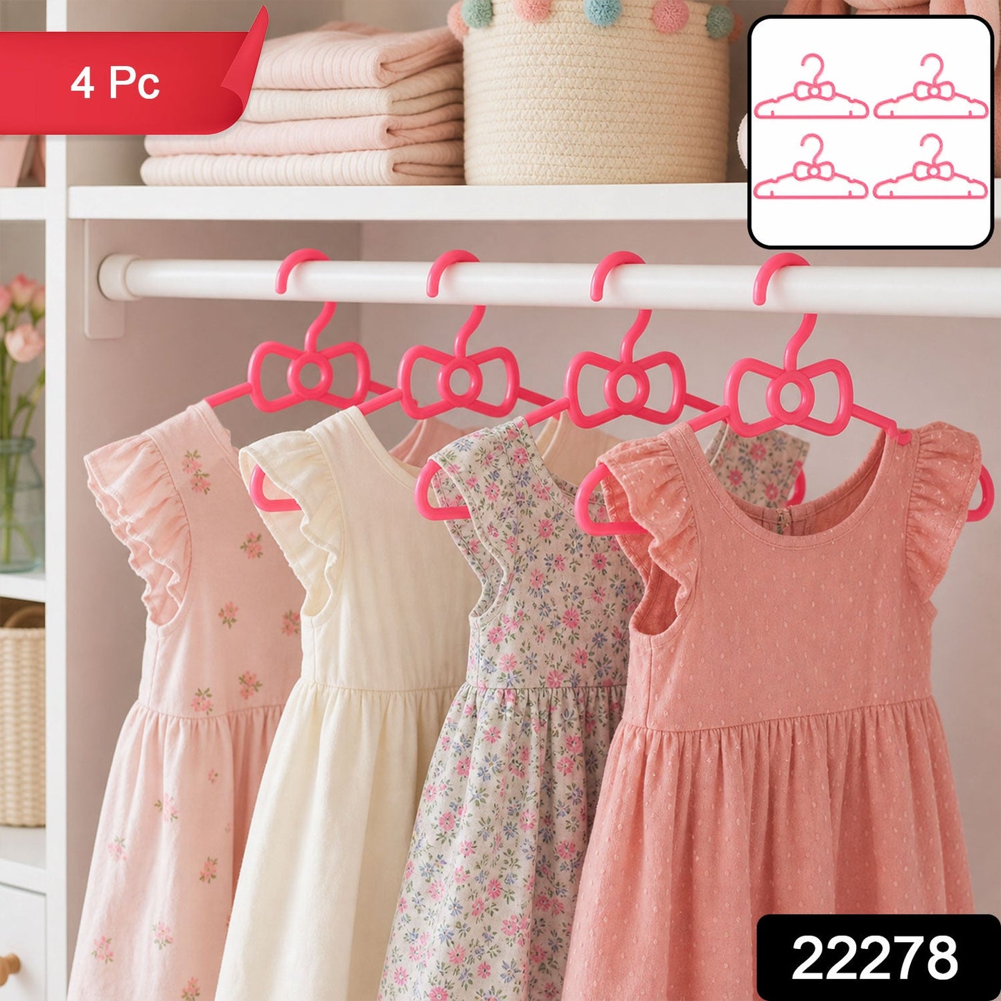 Five pink bow-shaped plastic hangers hold various pink and floral baby dresses, with a 4 Pc label.