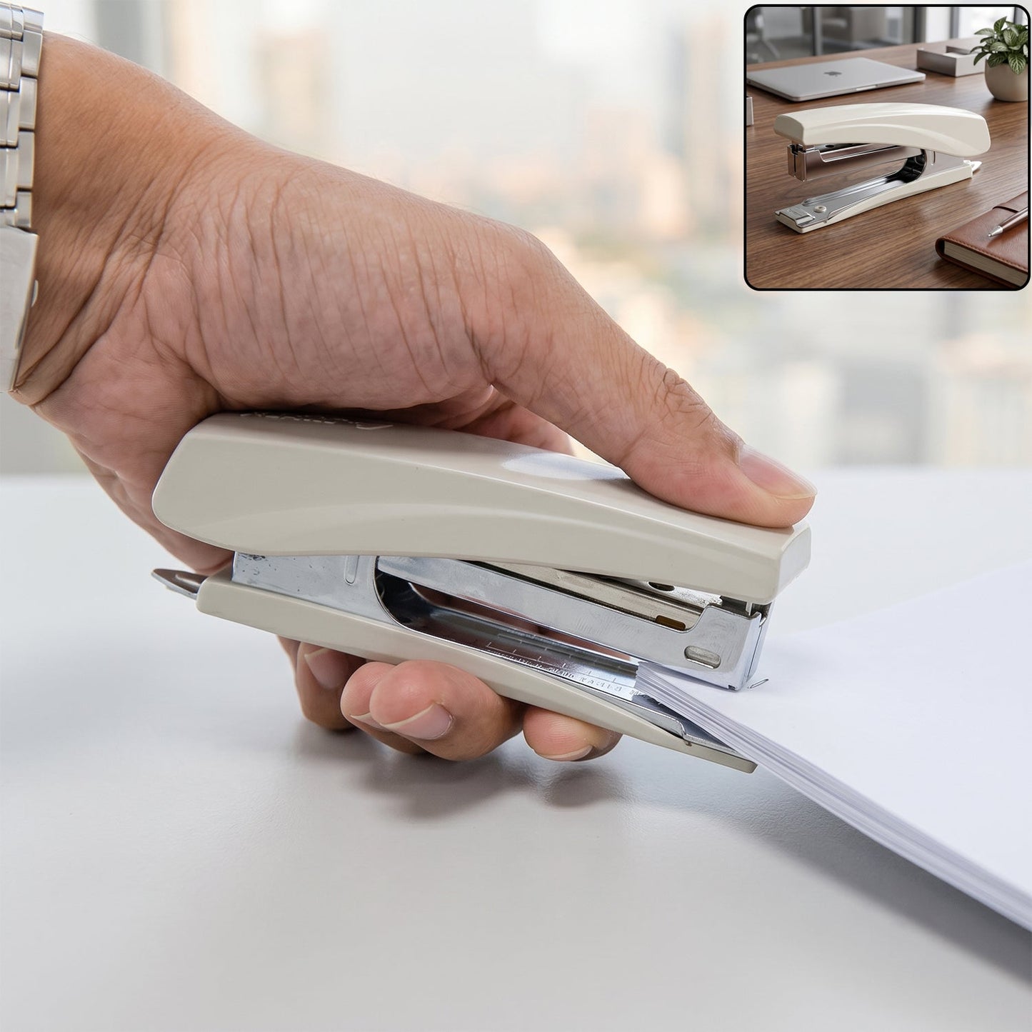 A hand holds a beige and silver metal stapler, pressing it down on a stack of white paper.