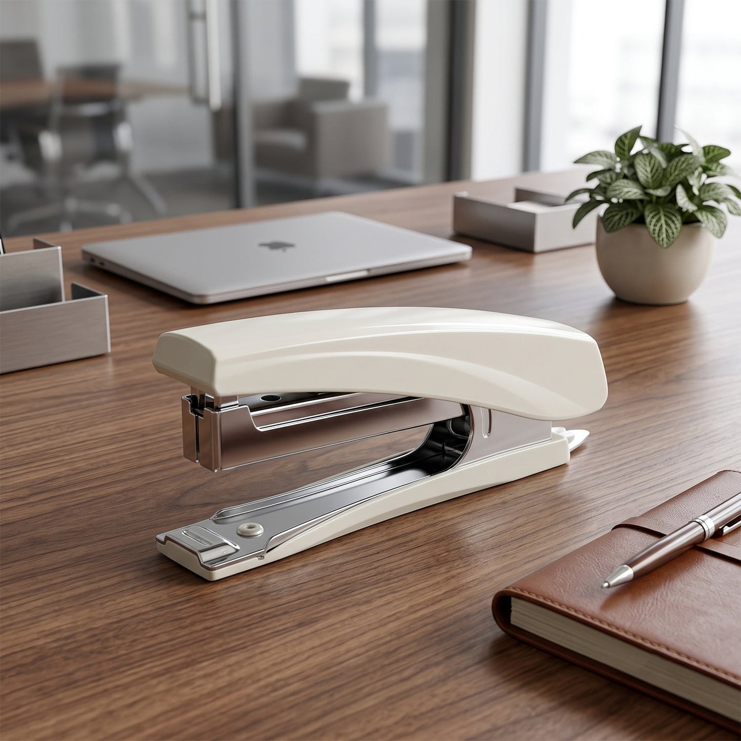 A beige and silver stapler rests on a wooden desk with a laptop, plant, and notebook nearby.