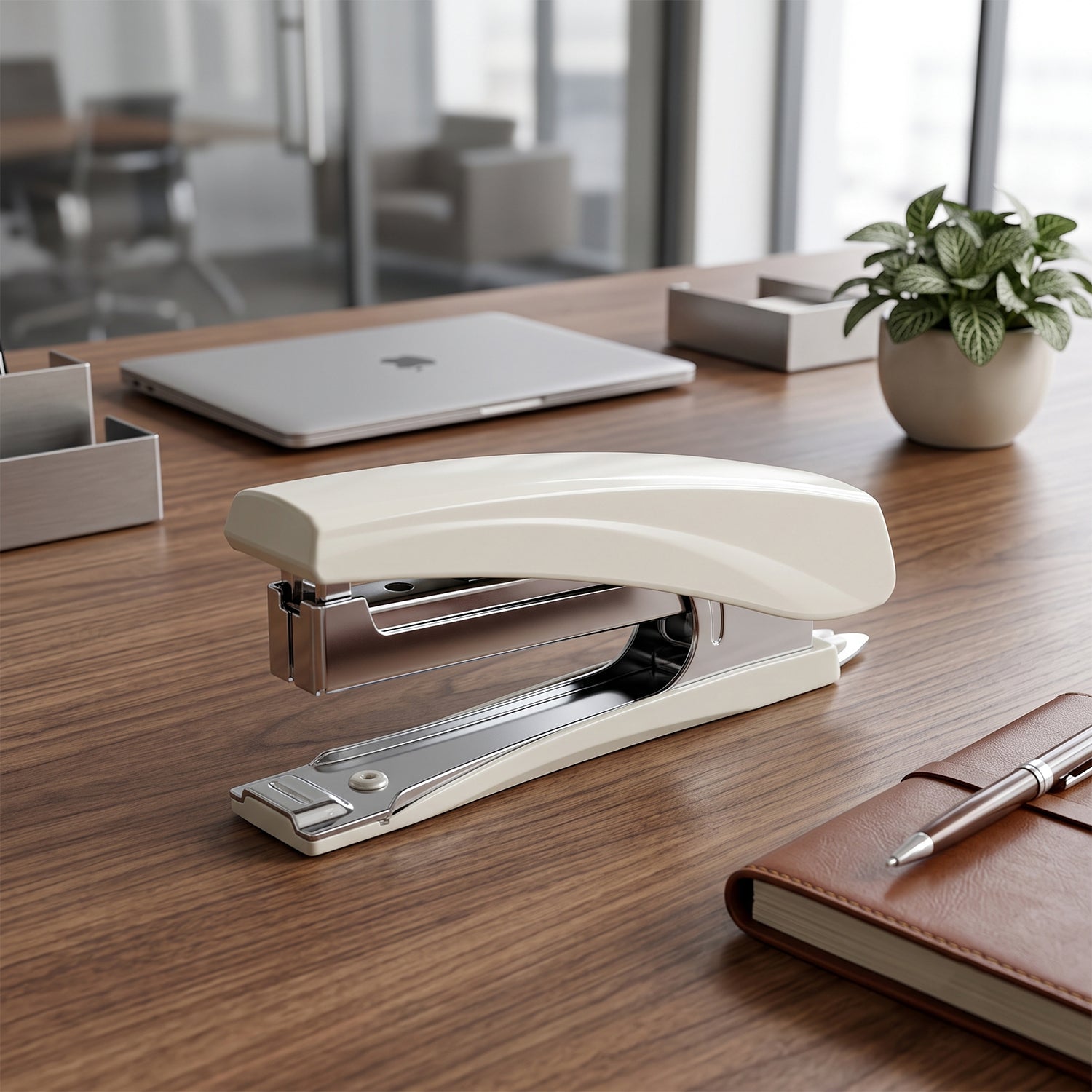 A beige and silver stapler rests on a wooden desk with a laptop, plant, and notebook nearby.