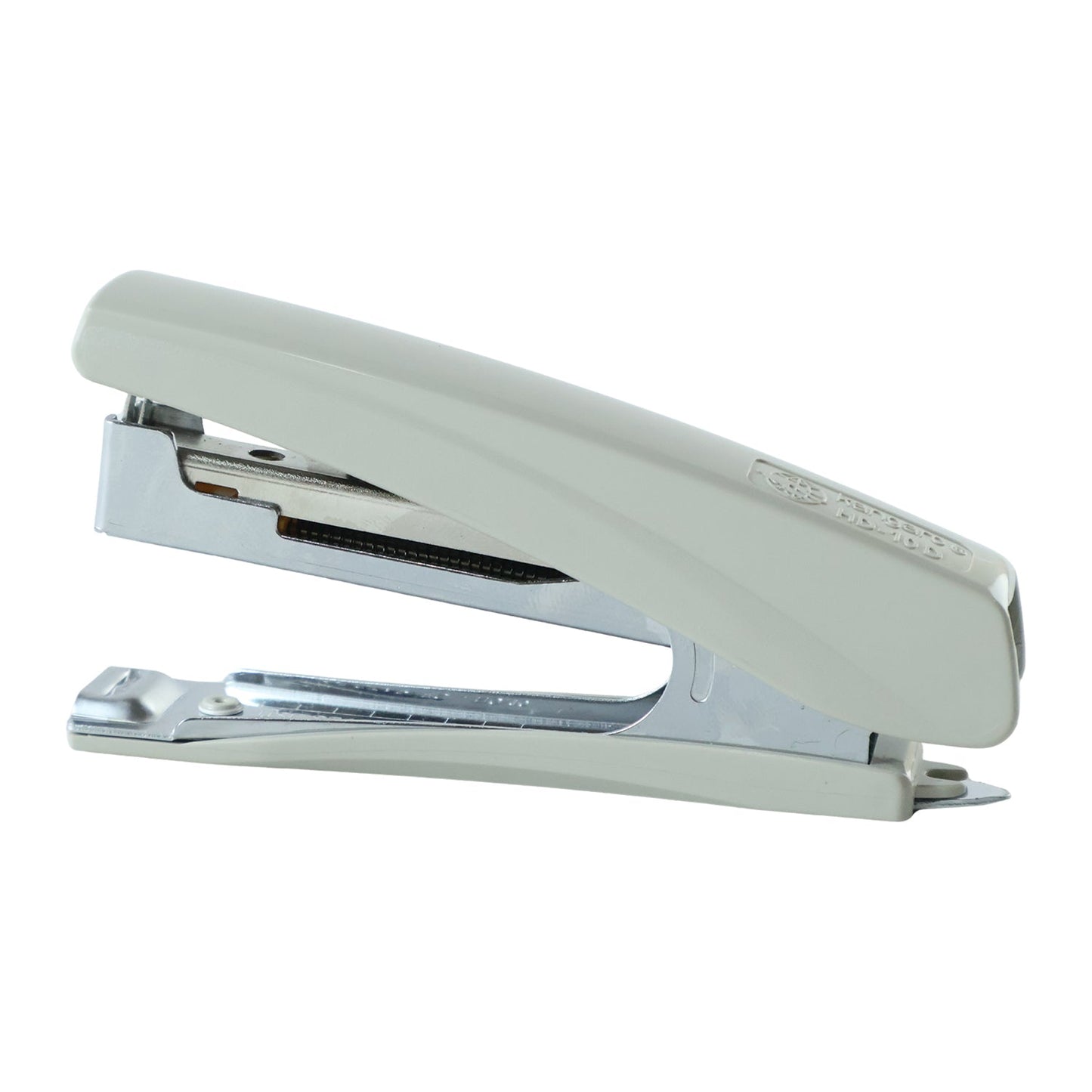 A side view of the beige and silver metal stapler with its mouth open, against a white background.