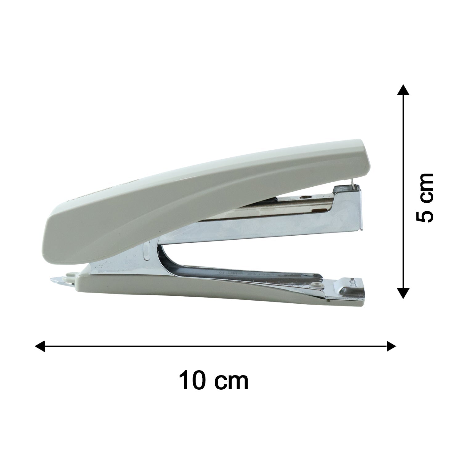 The beige and silver stapler is shown with dimensions: 10 cm long and 5 cm high.