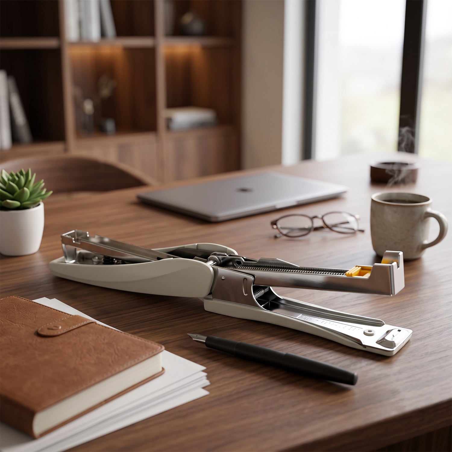 The beige and silver stapler is open, revealing its internal mechanism, on a wooden desk with office items.