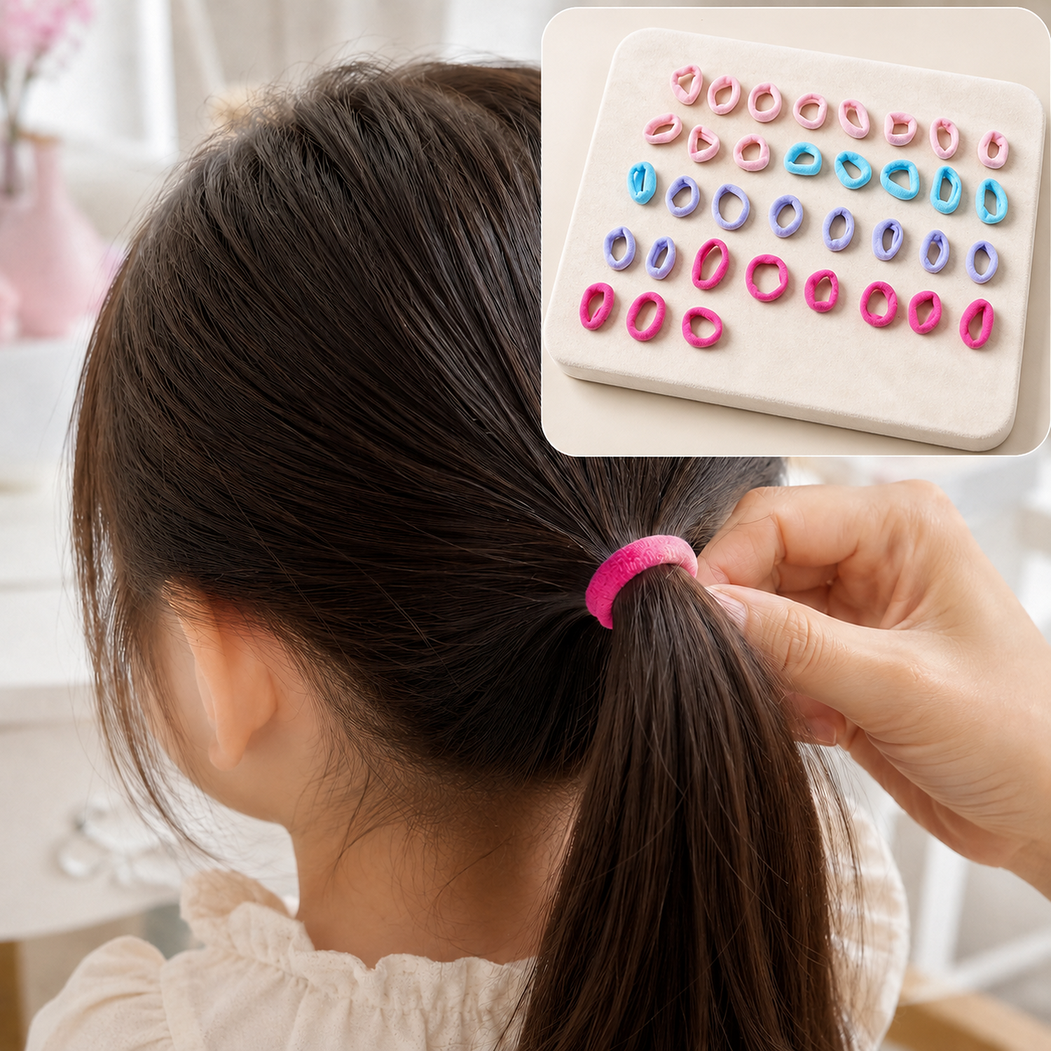 A child's dark hair in a ponytail secured with a pink elastic, with an inset of multiple colorful hair ties.