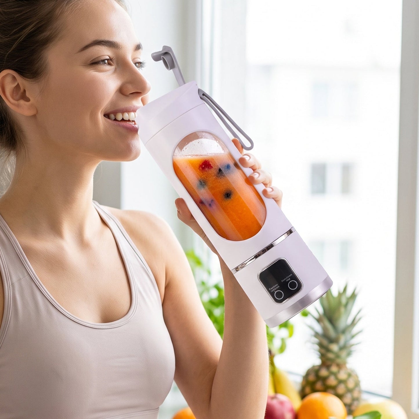 A woman in a light sports bra sips from a white portable blender filled with orange juice and berries.