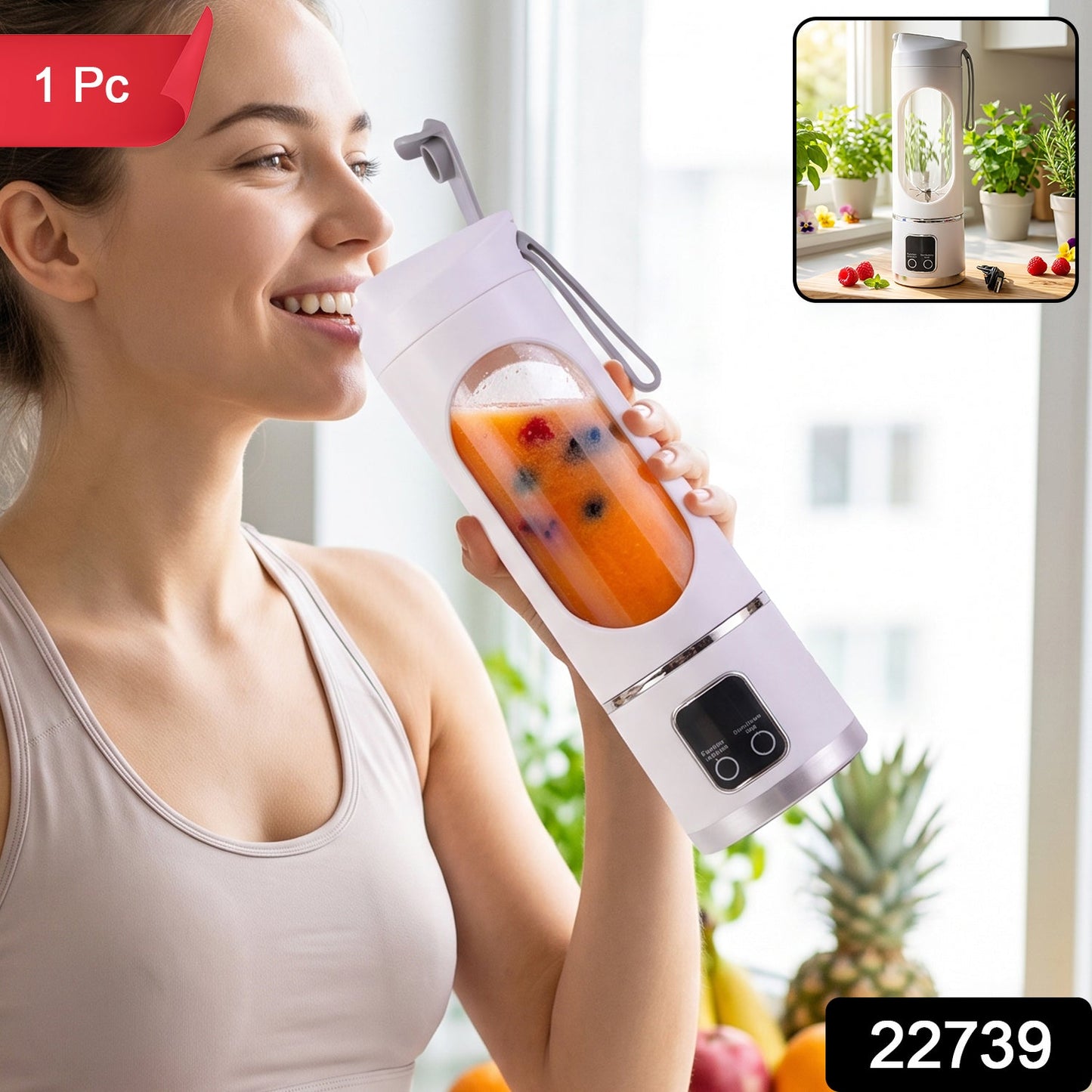 A smiling woman in a light sports bra sips from a white portable blender filled with orange juice and berries.