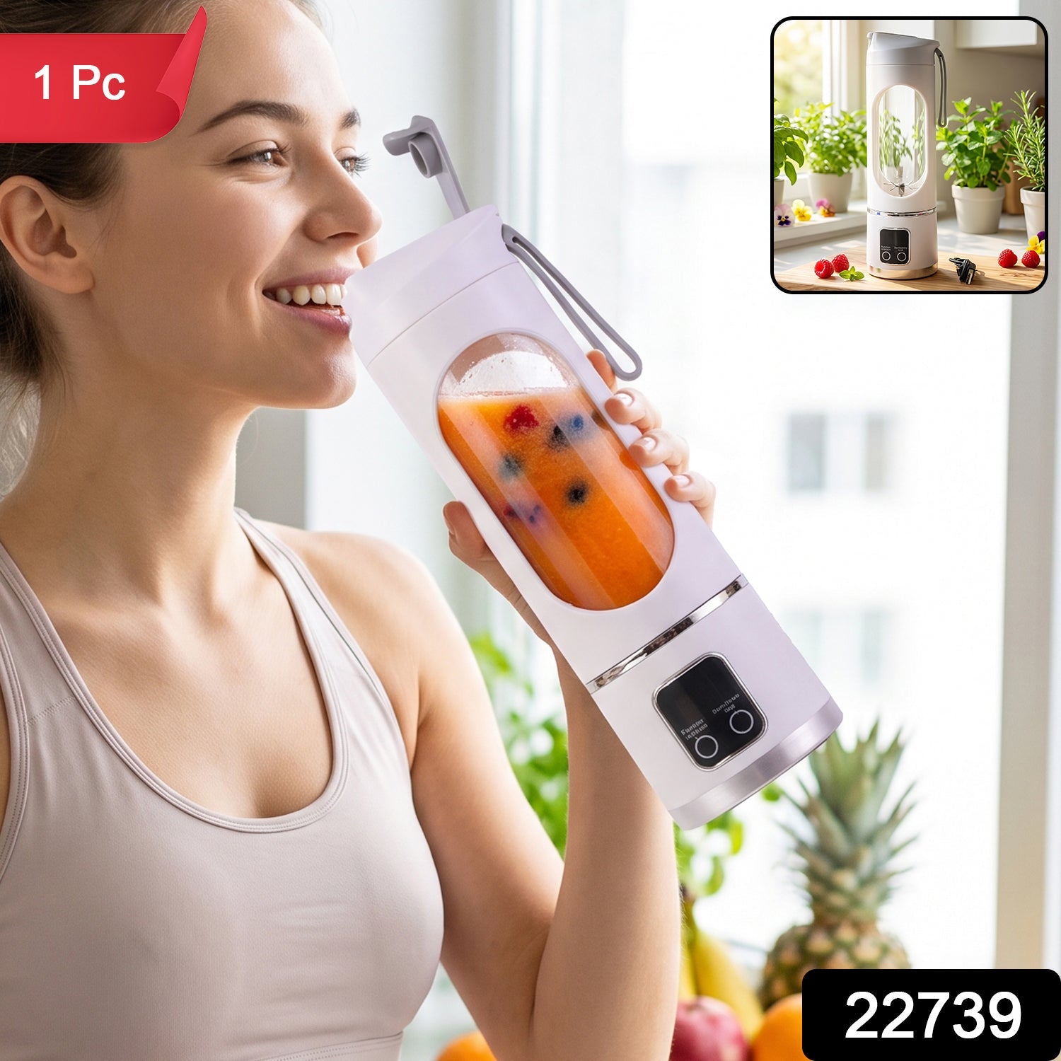 A smiling woman in a light sports bra sips from a white portable blender filled with orange juice and berries.